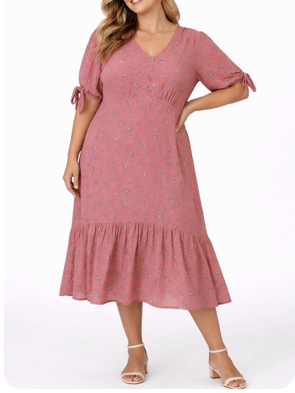 Luxology DRESS Womens Floral V Neck Midi faux Button Up Cottagecore pink SZ L